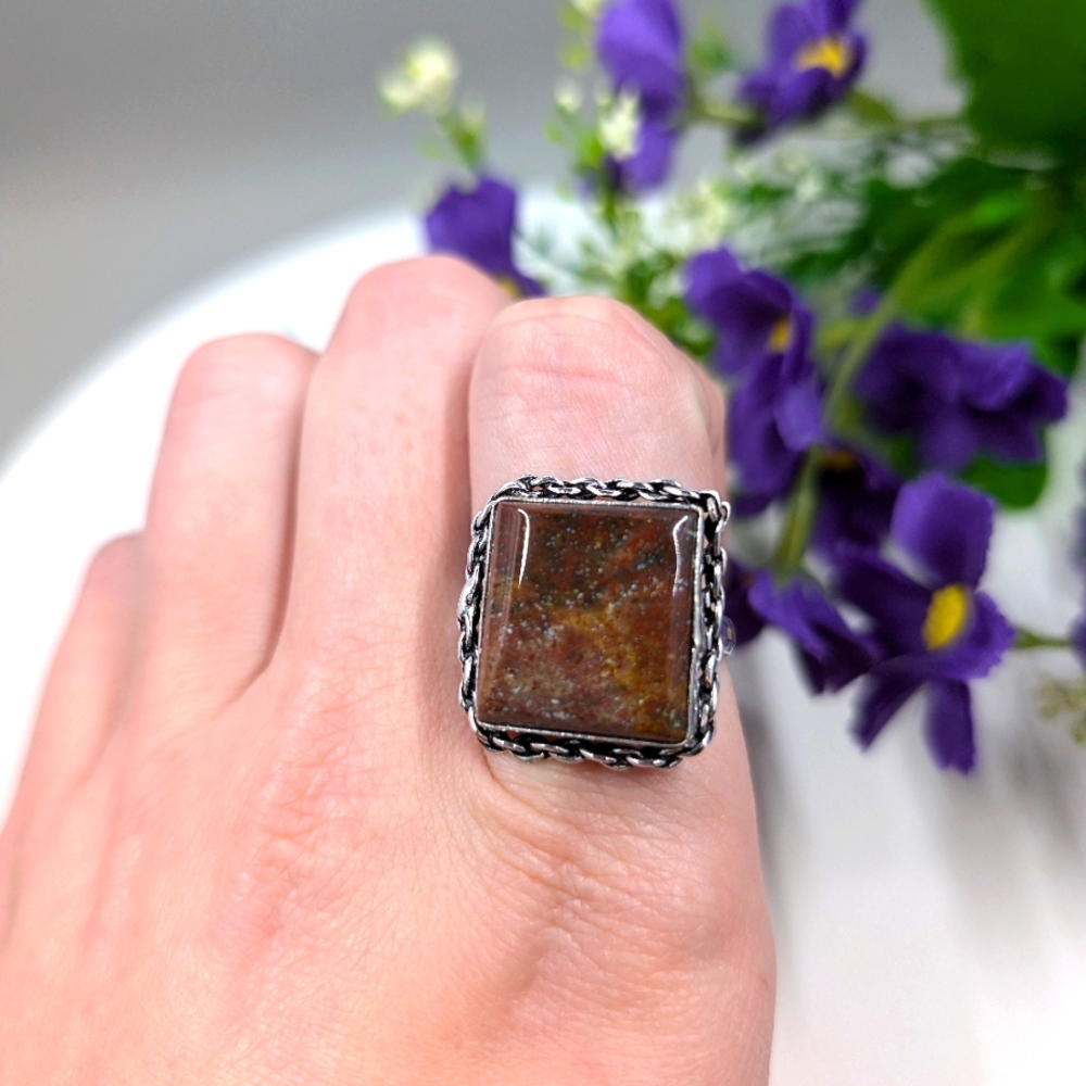Jasper Stone 925 Sterling Silver Plated Vintage Ring Size 9.5